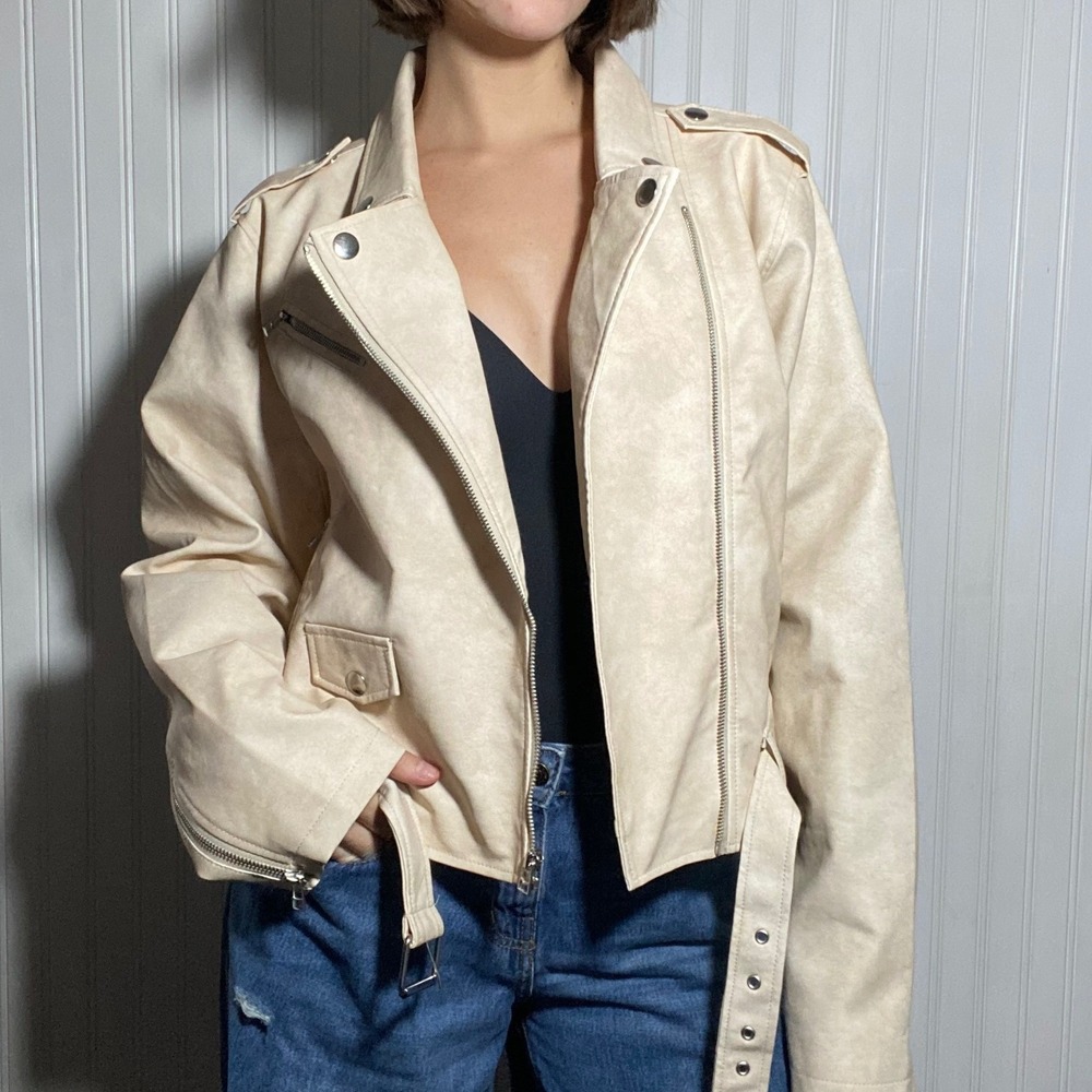 NWT Edgy Cream Acid Washed Faux Cream Leather Moto Jacket Grunge Streetwear - 2X
